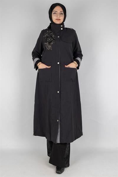 Taş İşlemeli Çıtçıtlı Büyük Beden Uzun Kap Siyah OTW6065