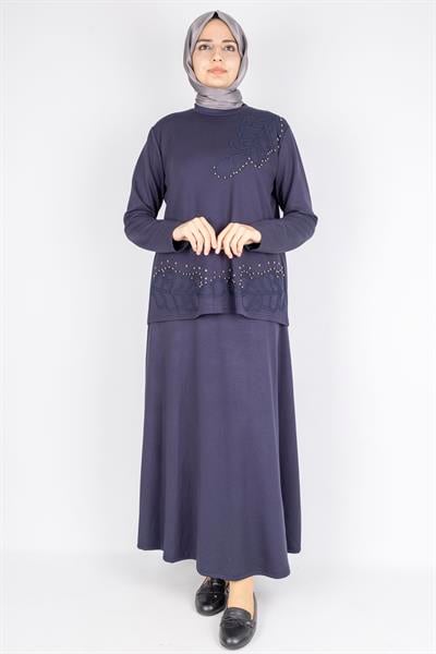 Taş İşlemeli Dantel Detaylı Bluz & Uzun Etek İkili Takım Lacivert OTW310