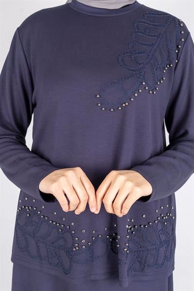 Taş İşlemeli Dantel Detaylı Bluz & Uzun Etek İkili Takım Lacivert OTW310