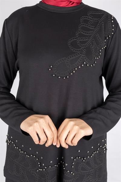 Taş İşlemeli Dantel Detaylı Bluz & Uzun Etek İkili Takım Siyah OTW310