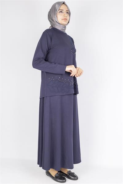 Taş İşlemeli Dantel Detaylı Bluz & Uzun Etek İkili Takım Lacivert OTW310