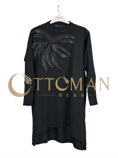 Taş İşlemeli Merserize Triko Tunik Siyah OTW884-1