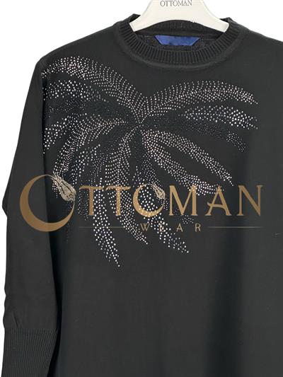 Taş İşlemeli Merserize Triko Tunik Siyah OTW884-1