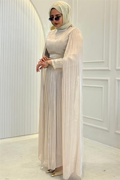 Taş İşlemeli Pelerin Kol Janjan Abiye Bej OTW4817