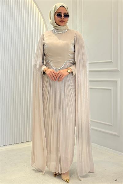 Taş İşlemeli Pelerin Kol Janjan Abiye Bej OTW4817