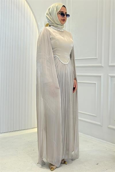 Taş İşlemeli Pelerin Kol Janjan Abiye Bej OTW4817