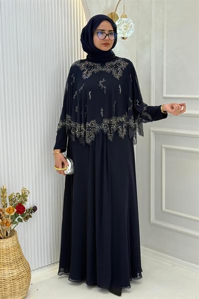 Taş İşlemeli Pelerinli Büyük Beden Abiye Elbise Lacivert OTW2528