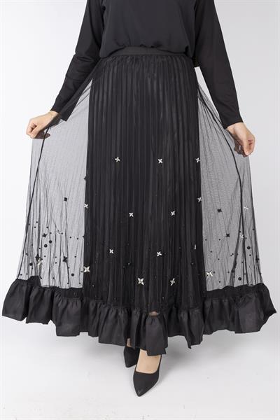 Taş İşlemeli Piliseli Etek Siyah OTW622