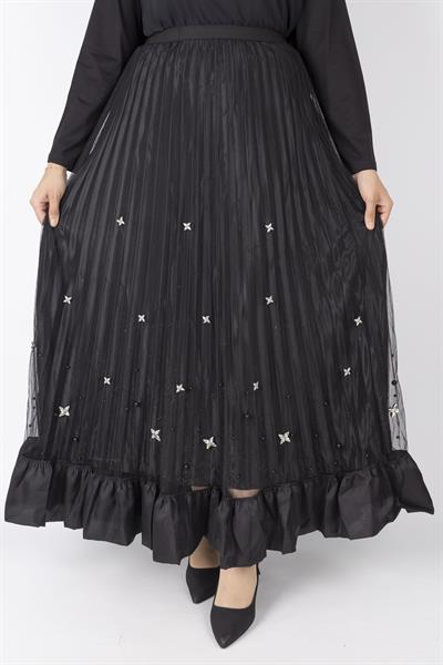 Taş İşlemeli Piliseli Etek Siyah OTW622