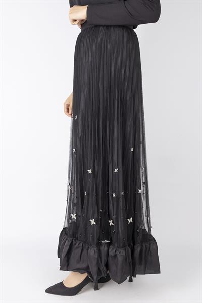 Taş İşlemeli Piliseli Etek Siyah OTW622