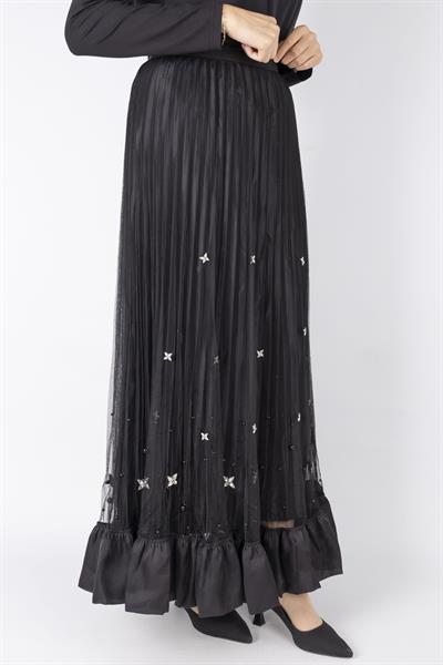 Taş İşlemeli Piliseli Etek Siyah OTW622