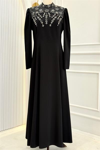 Taş İşlemeli Saten Tesettür Abiye Elbise Siyah OTW36224