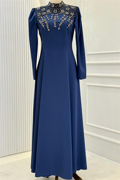 Taş İşlemeli Saten Tesettür Abiye Elbise İndigo OTW36224