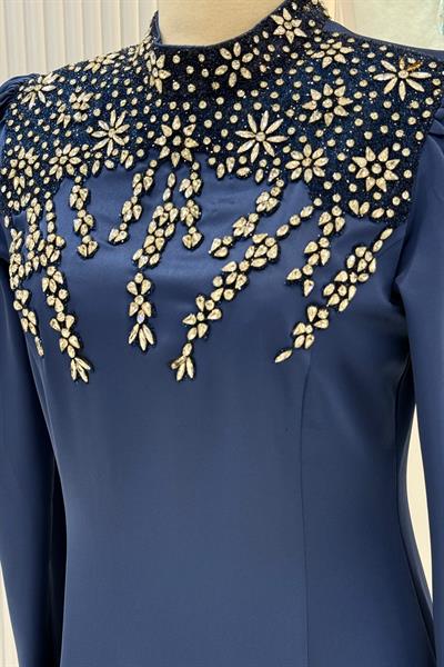 Taş İşlemeli Saten Tesettür Abiye Elbise İndigo OTW36224