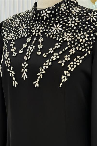 Taş İşlemeli Saten Tesettür Abiye Elbise Siyah OTW36224