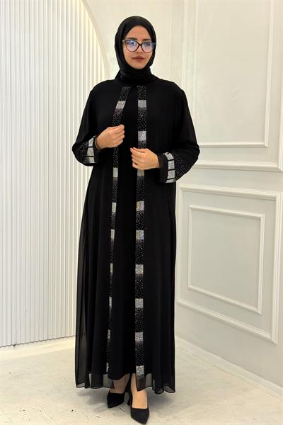 Taş İşlemeli Şifon Pelerinli Abiye Elbise Siyah OTW514