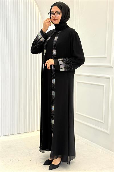 Taş İşlemeli Şifon Pelerinli Abiye Elbise Siyah OTW514