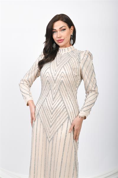 Taş İşlemeli Simli Uzun Abiye Lacivert OTW5101