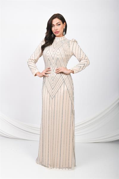 Taş İşlemeli Simli Uzun Abiye Lacivert OTW5101