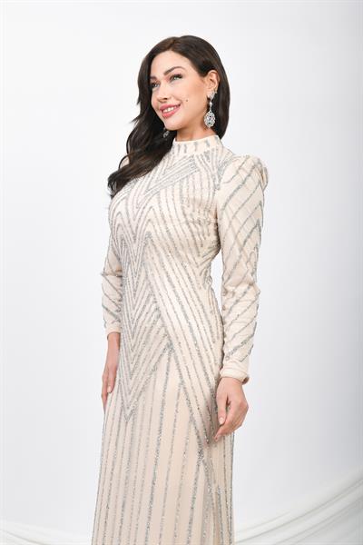 Taş İşlemeli Simli Uzun Abiye Lacivert OTW5101