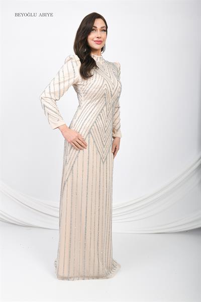 Taş İşlemeli Simli Uzun Abiye Lacivert OTW5101