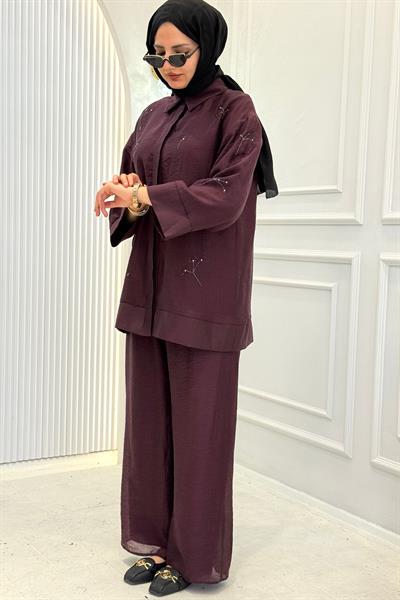 Taş İşlemeli Tesettür Takım Bordo OTW8640