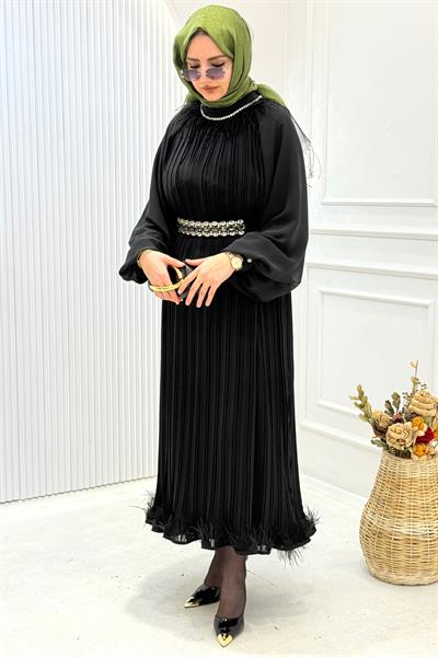 Taş Kemerli Uzun Piliseli Abiye Elbise Siyah OTW45303