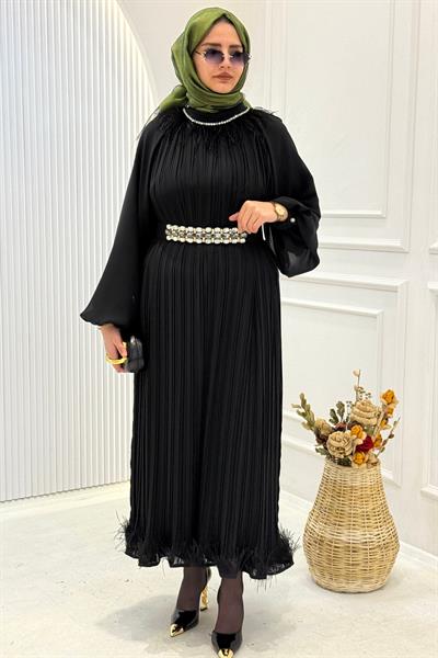 Taş Kemerli Uzun Piliseli Abiye Elbise Siyah OTW45303