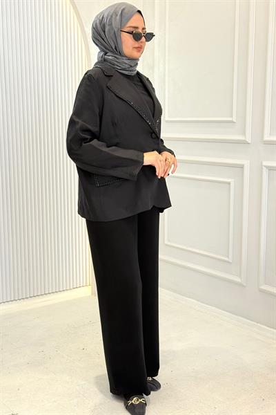 Taş Şerit Detaylı Büyük Beden Tesettür Blazer Ceket Siyah OTW9543