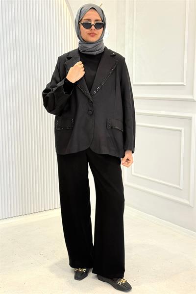 Taş Şerit Detaylı Büyük Beden Tesettür Blazer Ceket Siyah OTW9543