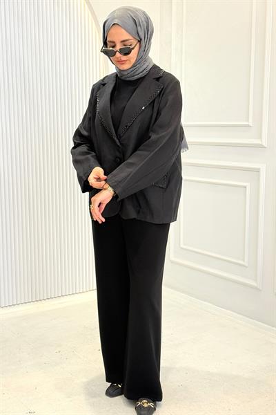 Taş Şerit Detaylı Büyük Beden Tesettür Blazer Ceket Siyah OTW9543