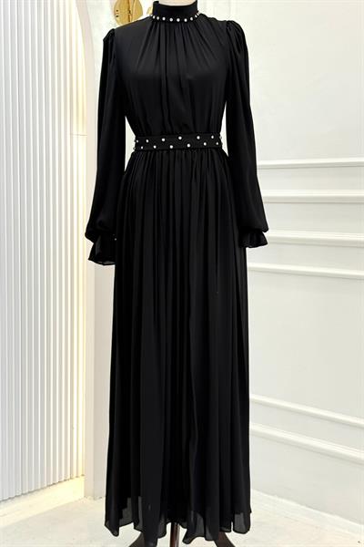 Taş Yakalı Kemer Detaylı Piliseli Tesettür Abiye Elbise Siyah OTW4591