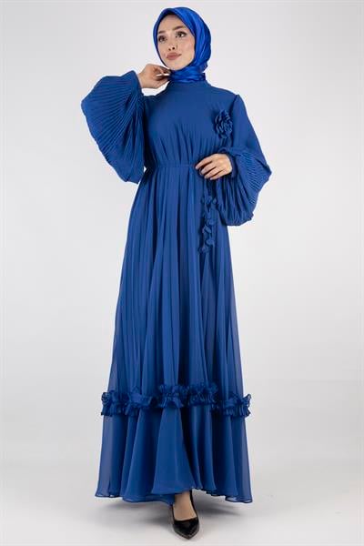 TASARIM BÜYÜK BEDEN  PİLİSELİ ŞİFON ELBİSE Saks OTW44136