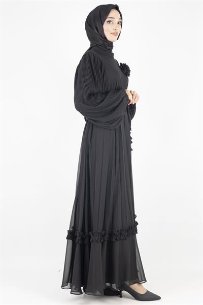 TASARIM BÜYÜK BEDEN  PİLİSELİ ŞİFON ELBİSE Siyah OTW44136