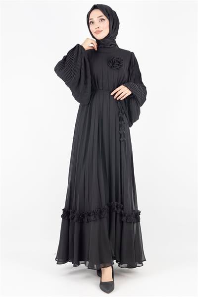 TASARIM BÜYÜK BEDEN  PİLİSELİ ŞİFON ELBİSE Siyah OTW44136