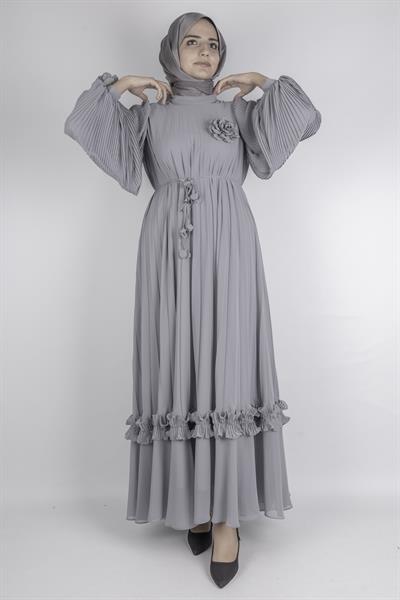 TASARIM BÜYÜK BEDEN  PİLİSELİ ŞİFON ELBİSE Gri OTW44136