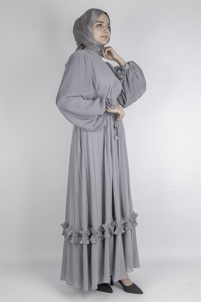 TASARIM BÜYÜK BEDEN  PİLİSELİ ŞİFON ELBİSE Gri OTW44136