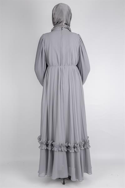 TASARIM BÜYÜK BEDEN  PİLİSELİ ŞİFON ELBİSE Gri OTW44136