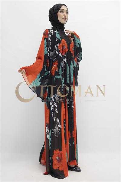 Tasarım Desenli Taşlı Şifon Elbise - Şık ve Hafif Abiye Model Siyah-Kırmızı OTW430