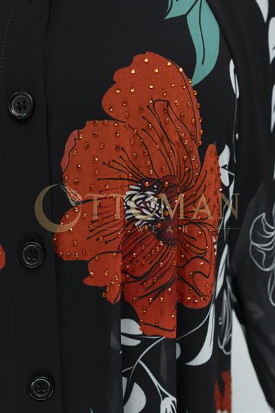 Tasarım Desenli Taşlı Şifon Elbise - Şık ve Hafif Abiye Model Siyah-Kırmızı OTW430