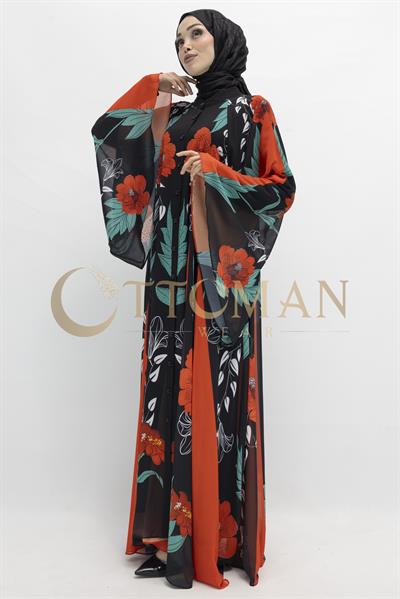 Tasarım Desenli Taşlı Şifon Elbise - Şık ve Hafif Abiye Model Siyah-Kırmızı OTW430