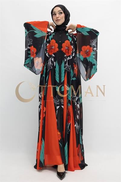 Tasarım Desenli Taşlı Şifon Elbise - Şık ve Hafif Abiye Model Siyah-Kırmızı OTW430