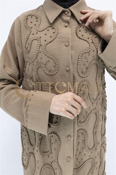 Tasarım  Kabartma Desenli Büyük Beden Tunik Vizon OTW44416