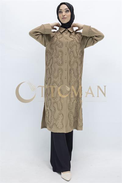 Tasarım  Kabartma Desenli Büyük Beden Tunik Vizon OTW44416