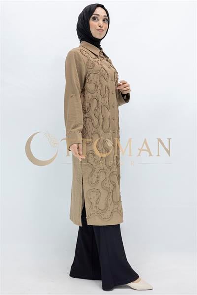 Tasarım  Kabartma Desenli Büyük Beden Tunik Vizon OTW44416