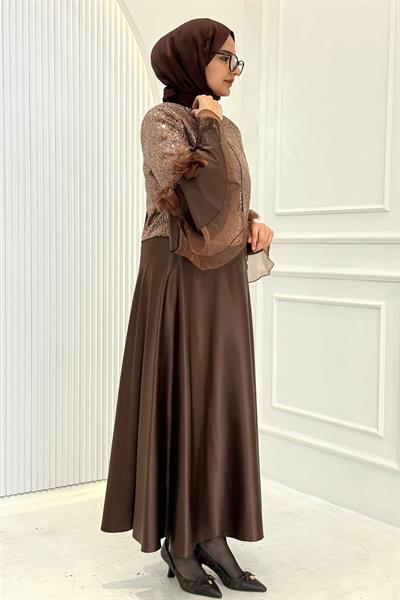 Tasarım Payetli Abiye Etekli Takım Kahve OTW45845