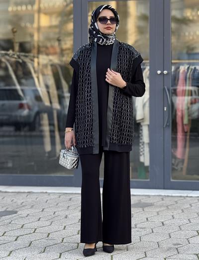 Taşlı File Yelekli Üçlü Tesettür Takım Siyah OTW45817