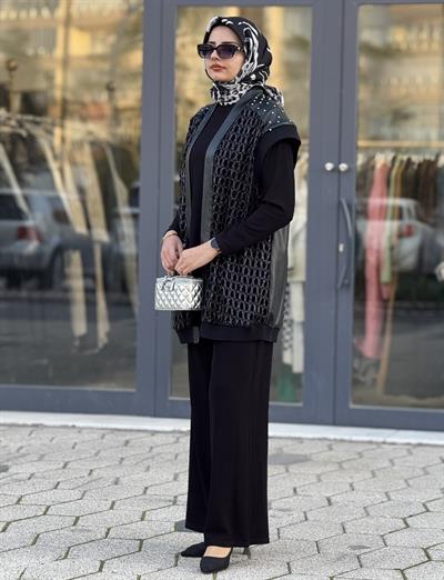 Taşlı File Yelekli Üçlü Tesettür Takım Siyah OTW45817