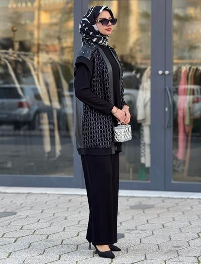 Taşlı File Yelekli Üçlü Tesettür Takım Siyah OTW45817