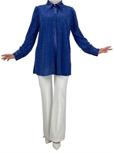 Taşlı Gömlek Saks OTW40429